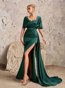 1 pezzo Abito in raso verde vintage di alta qualità con scialle, abito da sera elegante per feste, matrimoni e ospiti