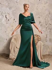 Rochie vintage verde de satin de înaltă calitate, cu șal, 1 buc., rochie elegantă de seară, pentru invitați la nuntă - Verde inchis - Vizualizare 5