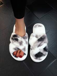 秋冬新款时尚交叉带毛绒女式室内拖鞋，简约安静家居毛茸茸拖鞋