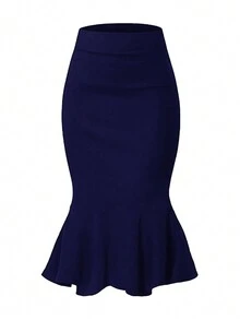 女士办公室通勤高腰铅笔裙，及膝修身裙，弹性涤纶混纺，适合所有季节 - 藏蓝色 - 查看 7