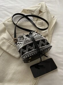 新款迷你中国风布艺单肩包，书法单肩包，复古印花水桶包，女士休闲时尚手提包，春季托特包 - 黑色 - 查看 4