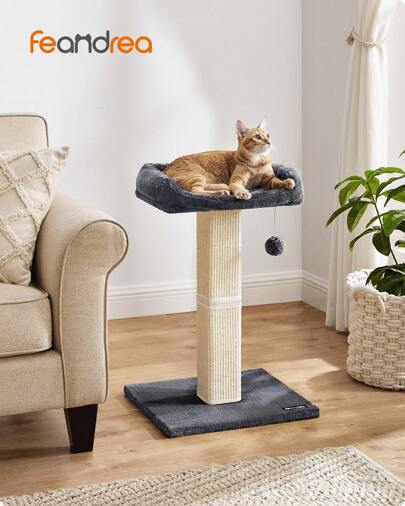  Feandrea Cat Scratching Post, Cat Scratcher With 40 X 30 Cm Plush Perch, Cat Tree, 71 Cm Tall Scratch Post With Woven Sisal, 45 X 40 Cm Base, Pompom, Dark Grey