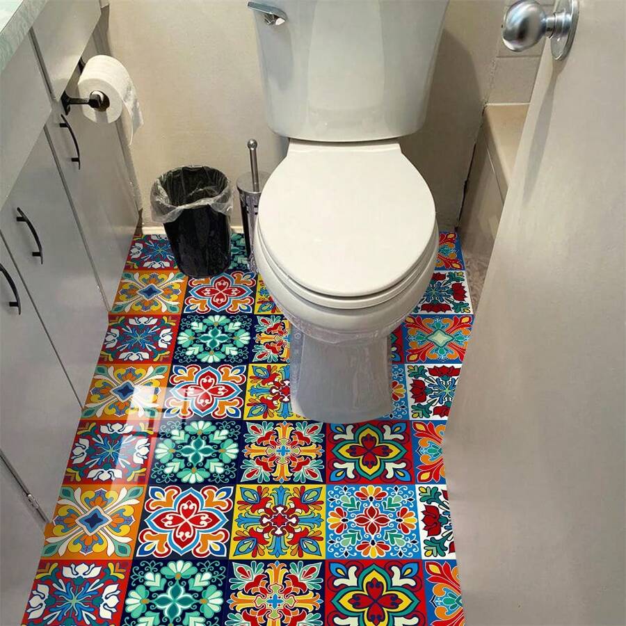 10pcs Colorful Mandala Ceramic Tile Look Peel And Stick Wall Decals, Modern PVC Removable Flat Wall Paper, Suitable For Home, Kitchen, Room, Wall, Floor Decoration