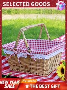 方形藤条野餐篮，椭圆形藤条野餐篮，水果篮，手工编织藤条手提篮，用于野餐、购物、储存、礼品、水果和蔬菜等，方便储存，简单便携，适合度假 - 方形 - 查看 2