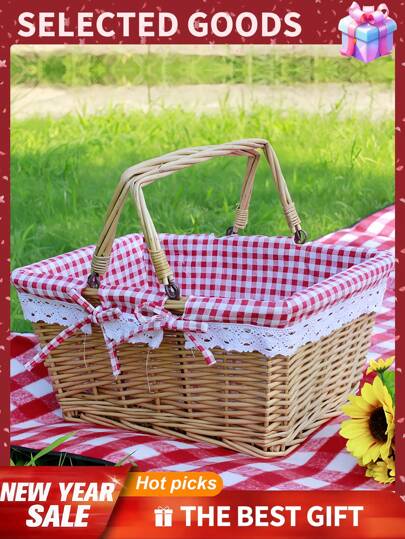 方形藤条野餐篮，椭圆形藤条野餐篮，水果篮，手工编织藤条手提篮，用于野餐、购物、储存、礼品、水果和蔬菜等，方便储存，简单便携，适合度假