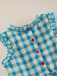 2pcs Girls Young Girl Casual Floral Plaid Pattern Shirred Collar & Sleeves Tank Top & Wide Leg Pants Set, Summer