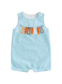 Toddler Girls Boys Clothes Ovrealls Rompers Easter Clothes Rabbit Carrot Embroidered Sleeveless Baby Bodysuits Jumpsuits - 藍色 - 查看 1