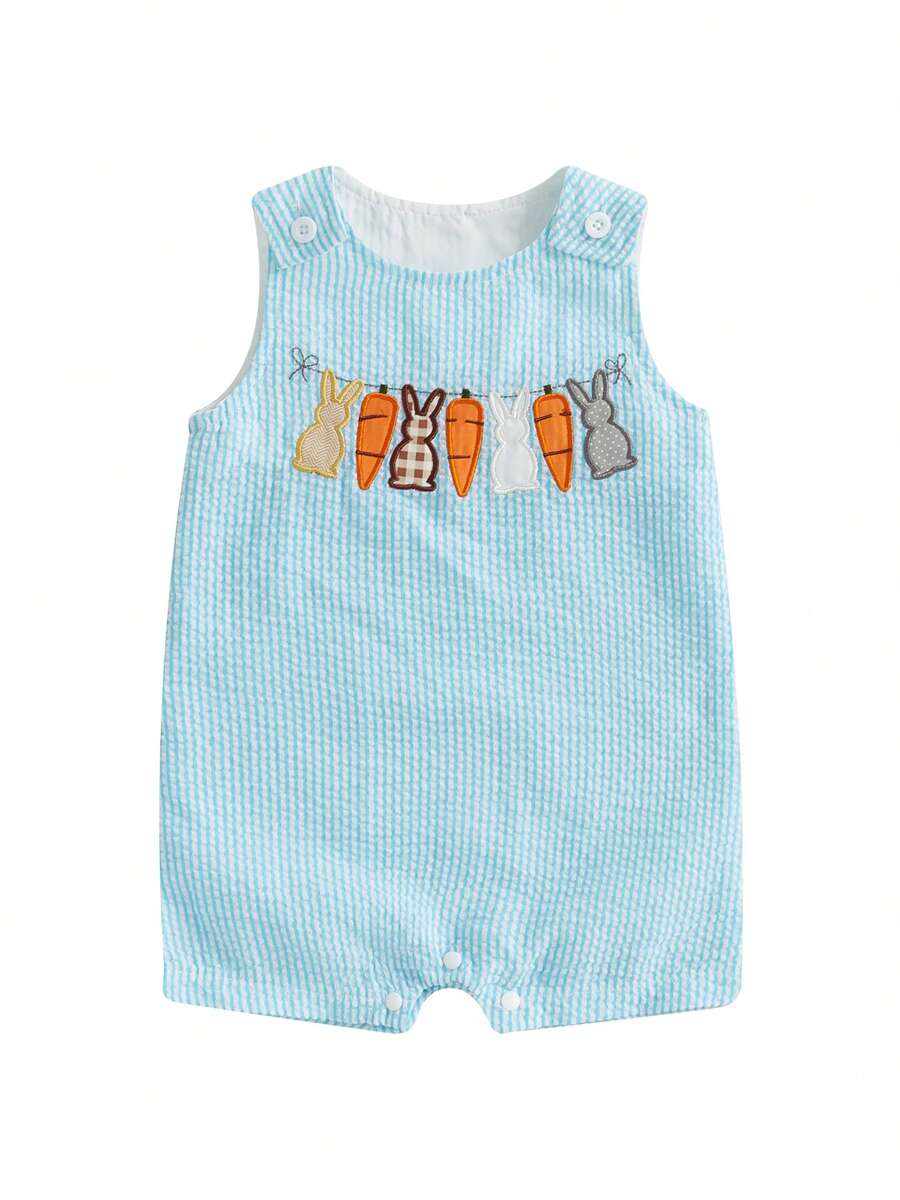 Toddler Girls Boys Clothes Ovrealls Rompers Easter Clothes Rabbit Carrot Embroidered Sleeveless Baby Bodysuits Jumpsuits - 藍色 - 查看 1