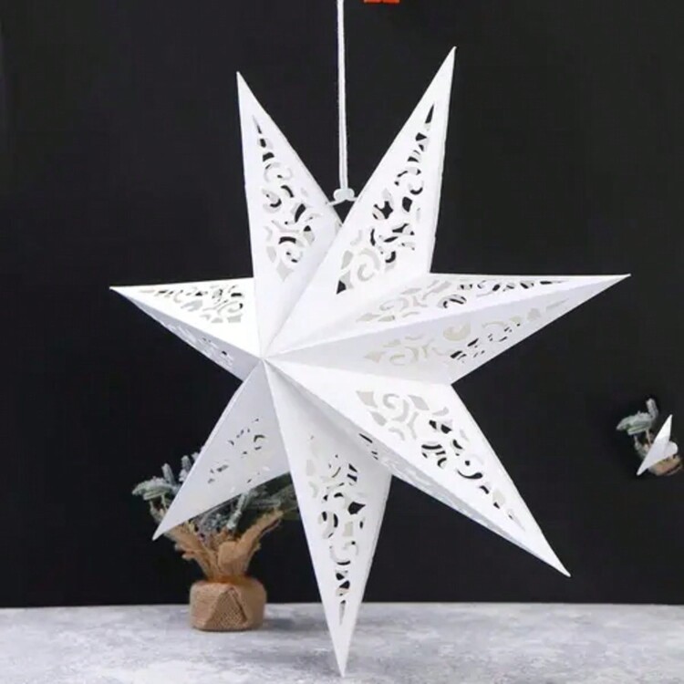 1/3 Star-Shaped Paper Chandelier Decorations - Elegant Hollowed-Out Design, Warm Light, Suitable For Home, Bedroom, Wedding And Christmas Decorations, No Batteries Or Power Required, Wedding Decoration, Decorative Paper Lantern, No Power Required, For Decorative Lighting, Bulb Not Included, Hollowed-Out Star-Shaped Lamp, Suitable For Eid And Ramadan Decorations, Happy Eid, Holiday Party Supplies, Eid Gift, Christmas Decoration, Star Pendant - White - View 8