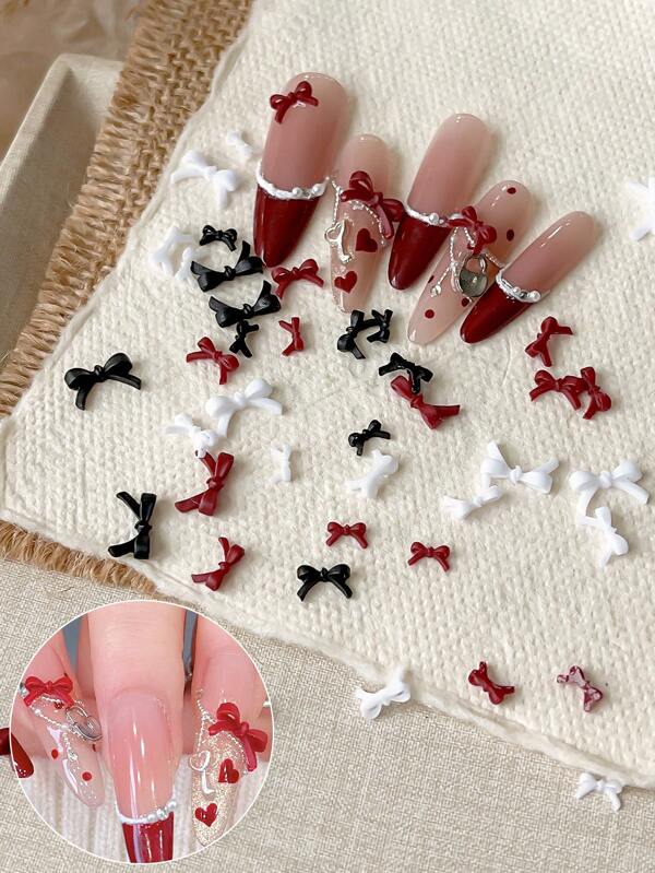 50 Pcs Mini Resin Bow Nail Jewelry Decorations, Black And White, Lightweight, Suitable For Nail Salons And Personal Use