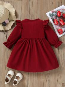 Cute Fuchsia Corduroy Embroidered Cap Sleeve Baby Girls' Long Dress - Burgundy - View 2