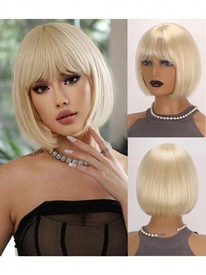 1pc Heat Resistant Synthetic Short Wig With Bangs, 10 Inch Woven Everyday Natural Looking Blonde Wig