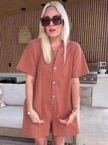 Rompers For Women 2024 Casual Summer Oversized Tee Rompers Shorts Jumpsuits - Rust Brown - View 3