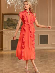 Elegant Pleated Ruffled Long Dress, Summer Dress, V-Neck Ruffled Waist Slimming A-Line Pleated Dress, Wedding Dress - Orange - View 3