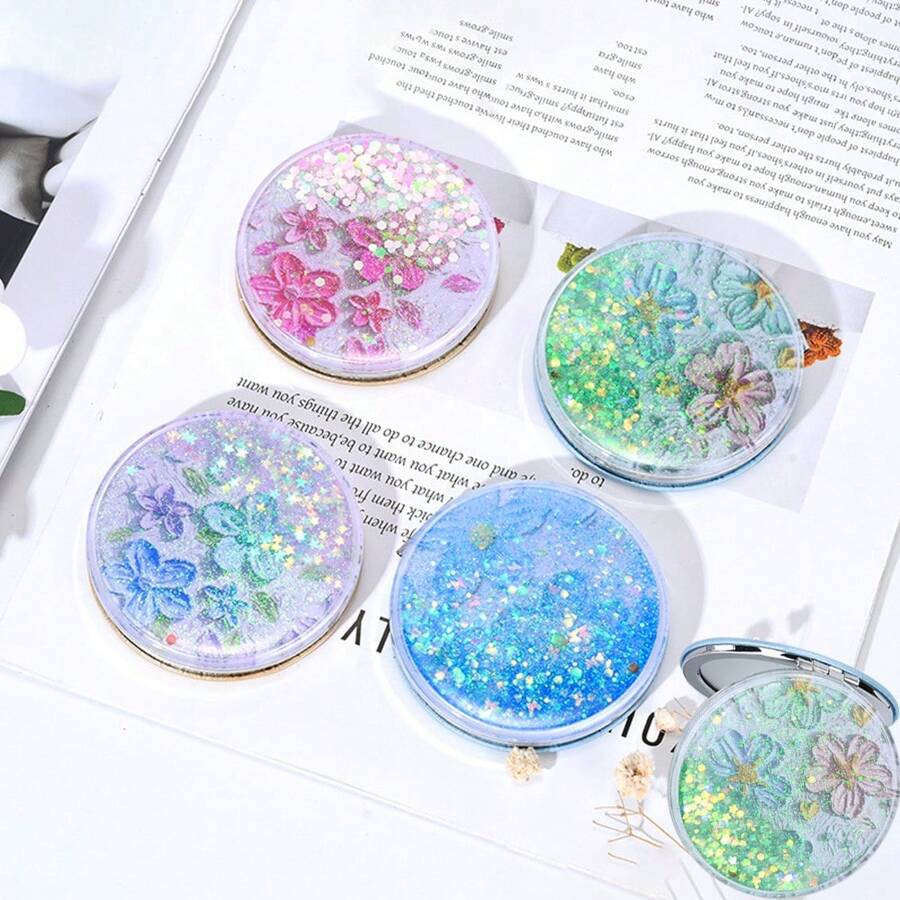 1pc/2pcs/4pcs Folding Double-Sided Mirror Glitter Small Mirror Folding Handheld Pocket Mirror Portable Travel Pocket Makeup Mirror For Pockets, Bags And Travel Gifts Birthday Graduation