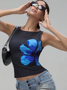 Women's Crop Tank Tops Fitted Flower Print Boat Neck Sleeveless Summer Tops For Party Club - Blue - View 1