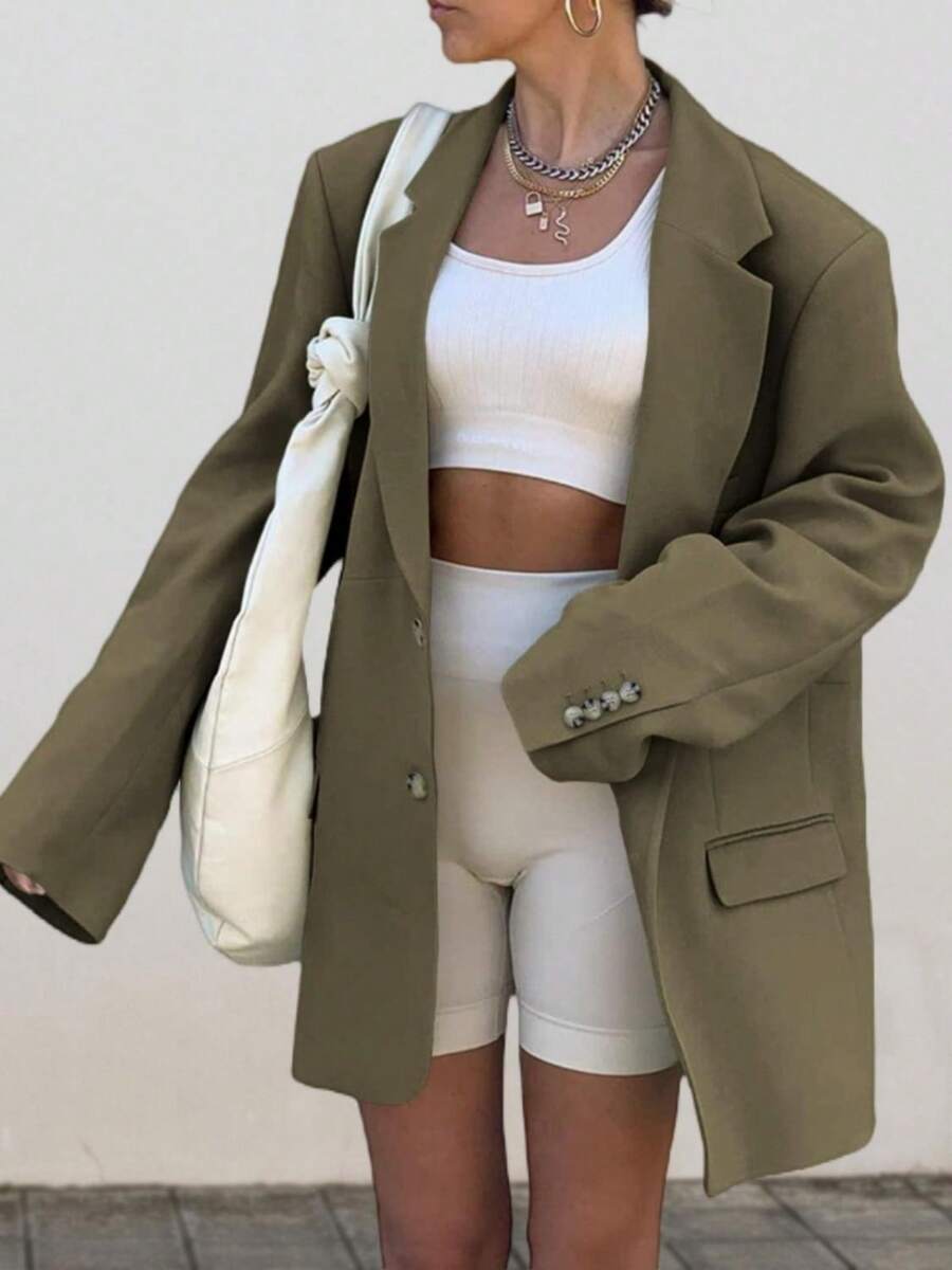 Chaqueta de trabajo de oficina de color liso con solapa extragrande y manga larga elegante e informal para mujer de LuxeLayers - Verde - Ver 1