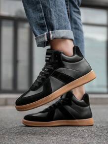 经典黑色皮革面板系带男士高帮户外靴，复古简约日常休闲情侣运动滑板鞋 - 黑色 - 查看 8
