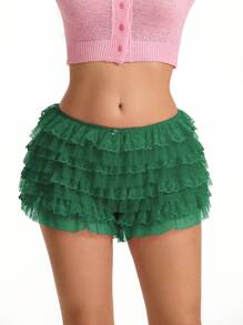 Women Lace Bloomers Shorts Casual Summer Layered Ruffles Elastic Short Pants For Vacation Beach Club Streetwear - 綠色 - 查看 1