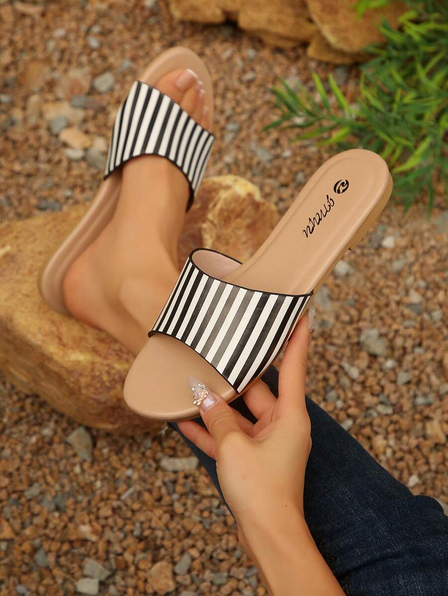 Dép xỏ ngón hở ngón kẻ sọc cho nữ, da PU, phong cách nghỉ dưỡng mới, dép đi trong nhà/ngoài trời thoải mái cho nữ, trang phục Bohemian trong nhà/ngoài trời, giày bệt đế thấp