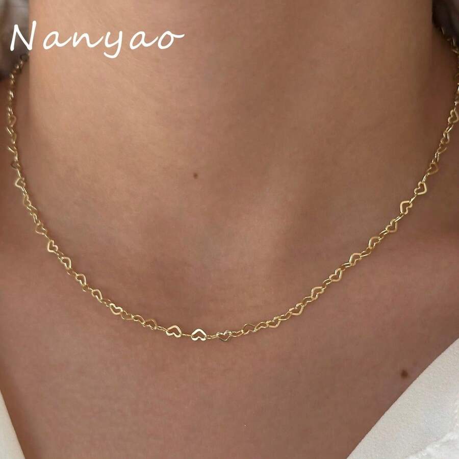 Choker Necklace With Love Heart, 925 Silver Plated And 18k Gold Plated - 金色 - 查看 1