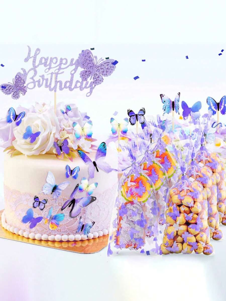 50pcs Pink Butterfly Candy Bags, Student Party Gift Bags, Animal Design Souvenirs Bags, OPP Packaging Bags - Mauve Purple - View 1