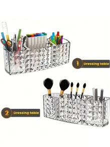 1/2pcs Diamond Pattern Acrylic Makeup Organizer - 3 Compartment Clear Makeup Brush Holder And Pen Cup, Suitable For Brushes, Lipsticks, And Pencils - Perfect For Bathroom, Bedroom Vanity, And Office Desk Home Bathroom Decor Bathroom Organizer Summer Makeup Organizer