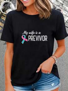 Camiseta de pre-sobreviviente de cáncer con lazo rosa y verde azulado Mi esposa es una pre-sobreviviente Camiseta de manga corta con cuello redondo Camiseta gráfica para mujer y hombre Tops casuales