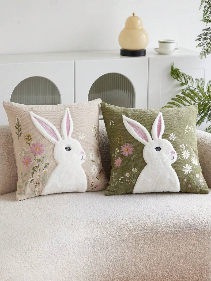 1pc Flower & Rabbit Embroidered Pillow Case, Suitable For Indoor Decoration, Applicable For All Seasons, Pillow Cover Only (No Pillow Insert)