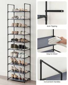 SONGMICS 10-Tier Shoe Rack, Shoe Stand, Space-Saving Shoe Storage, 45 X 28 X 173 Cm, Metal Frame, Non-Woven Fabric Shelves, For Hallway, Bedroom, Grey