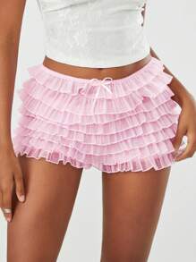 Women's Summer Ruffled Frilly Shorts, Multi-Layer Mesh Short Pants Sweet Cute Bloomers - Pink - View 1