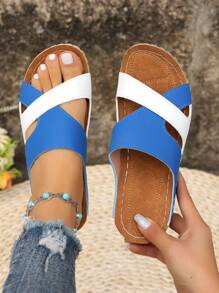 Chunky Sole Multicolor Strap Cross Sandals, Hook And Loop Beach Summer Wedge Roman Style Open Toe Slides