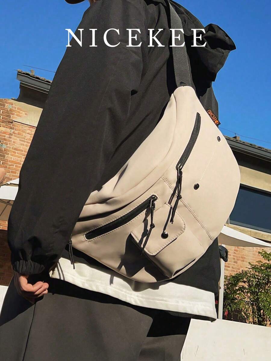 纯色街头风日系情侣胸包，大容量简约轻便单肩包，男女通用休闲户外运动斜挎包，适合外出、骑行和运动。 - 卡其色 - 查看 1