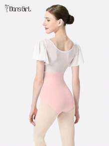 DonsGirl 一件装女士芭蕾舞紧身衣 - 浪漫仙女荷叶边袖子和网纱拼接连体衣，适合空中瑜伽、花样滑冰和表演服装 - 淺粉色 - 查看 3