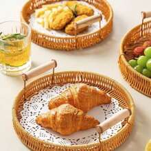 3 Hand-Woven Rattan Bread Baskets Fruit Basket Trays, Kitchen Accessories Tools, Home Decor Storage Baskets, Round Rattan Service Trays With Handles, Suitable For End Table Decorations, Breads, Fruits, Snacks