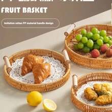 3 Hand-Woven Rattan Bread Baskets Fruit Basket Trays, Kitchen Accessories Tools, Home Decor Storage Baskets, Round Rattan Service Trays With Handles, Suitable For End Table Decorations, Breads, Fruits, Snacks