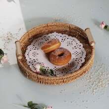 3 Hand-Woven Rattan Bread Baskets Fruit Basket Trays, Kitchen Accessories Tools, Home Decor Storage Baskets, Round Rattan Service Trays With Handles, Suitable For End Table Decorations, Breads, Fruits, Snacks