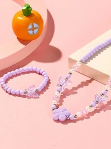 2 件套女孩时尚花朵和蝴蝶吊坠项链和手链套装，适合日常、派对和儿童礼物