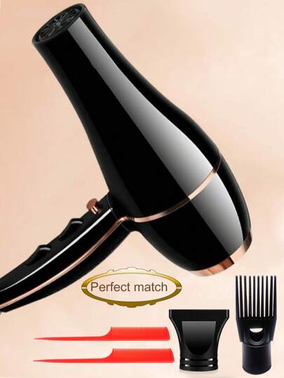 1pc High Powered Home Hair Dryer, Nylon Heat-Resistant Material With Black & Gold Elegant Design, Comes With Hurricane Nozzle And Straightening Comb/Random Color Pointed Comb, Multiple Accessories, Random Air Outlet Guard Style