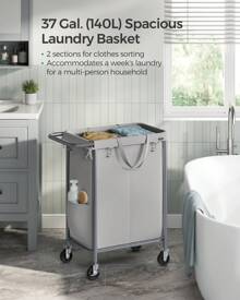 SONGMICS Laundry Basket On Wheels, 2-Compartment Laundry Hamper, 37 Gallons (140L), Removable Liner, Steel Frame With Handle, Large Linen Storage, Grey - Grey - View 2