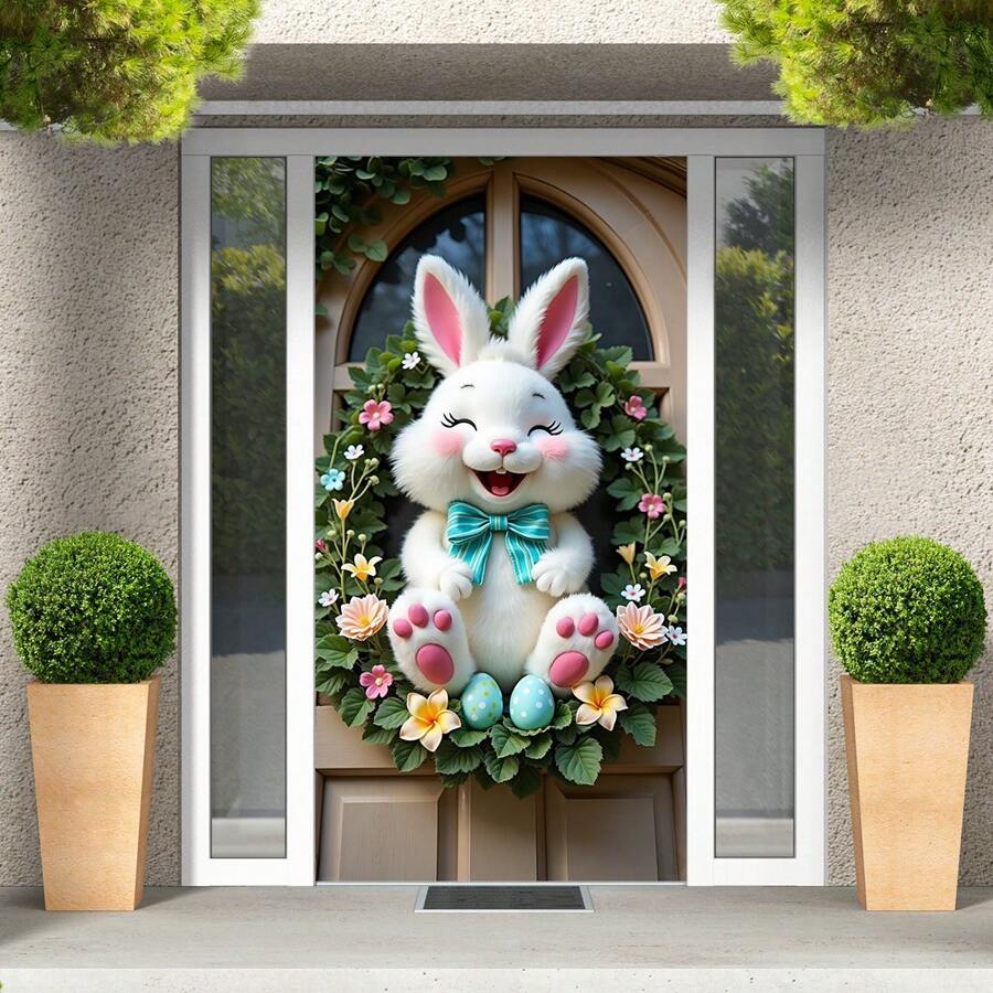 Easter Bunny Wreath Door Flag - Pink Polyester Spring Decor, Indoor/Outdoor Party Accessory, No Power Needed