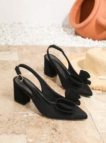 女士黑色舒适仿麂皮尖头高跟鞋，带蝴蝶结装饰，露跟，粗跟，一脚蹬凉鞋，性感高跟鞋，适合夏季 - 黑色 - 查看 4