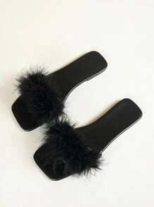 女士春夏新款方头平底凉鞋，时尚派对系带人字拖鞋黑色拖鞋，性感搭配连衣裙 - 黑色 - 查看 4