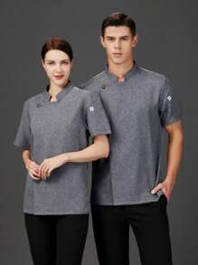 新款短袖灰色厨师夹克，带铜纽扣装饰，透气 - 灰色 - 查看 4