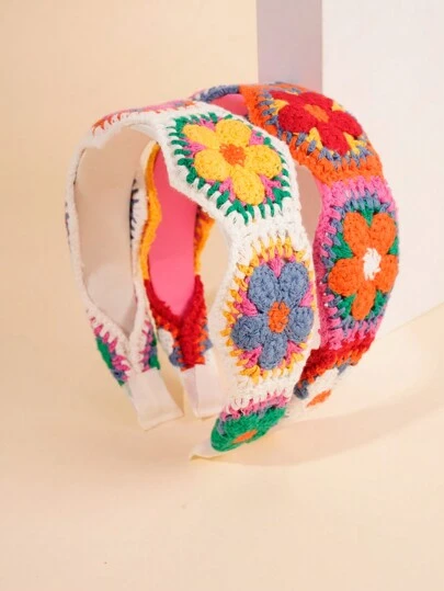 1 pieza Diadema de estilo bohemio tejida con decoración floral, diadema dulce para niñas, aro de pelo antideslizante y ancho, adecuado para atuendos, regalos, lavarse la cara