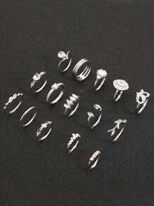 15pcs Bohemian Love Maple Leaf Rhinestone Rings, Gift For Women - Silver - View 6