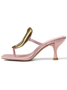Metallic Women Flip Flops Sandals Kitten Heels Square Toe Colorful Metal Sexy Fashion Elegant Dress Summer Shoes - Hồng - Xem 5