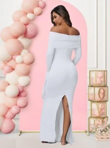Maternity Open Shoulder Solid Color Long Sleeve Dress, Suitable For Baby Shower Photo Shoot Spring White - White - View 2