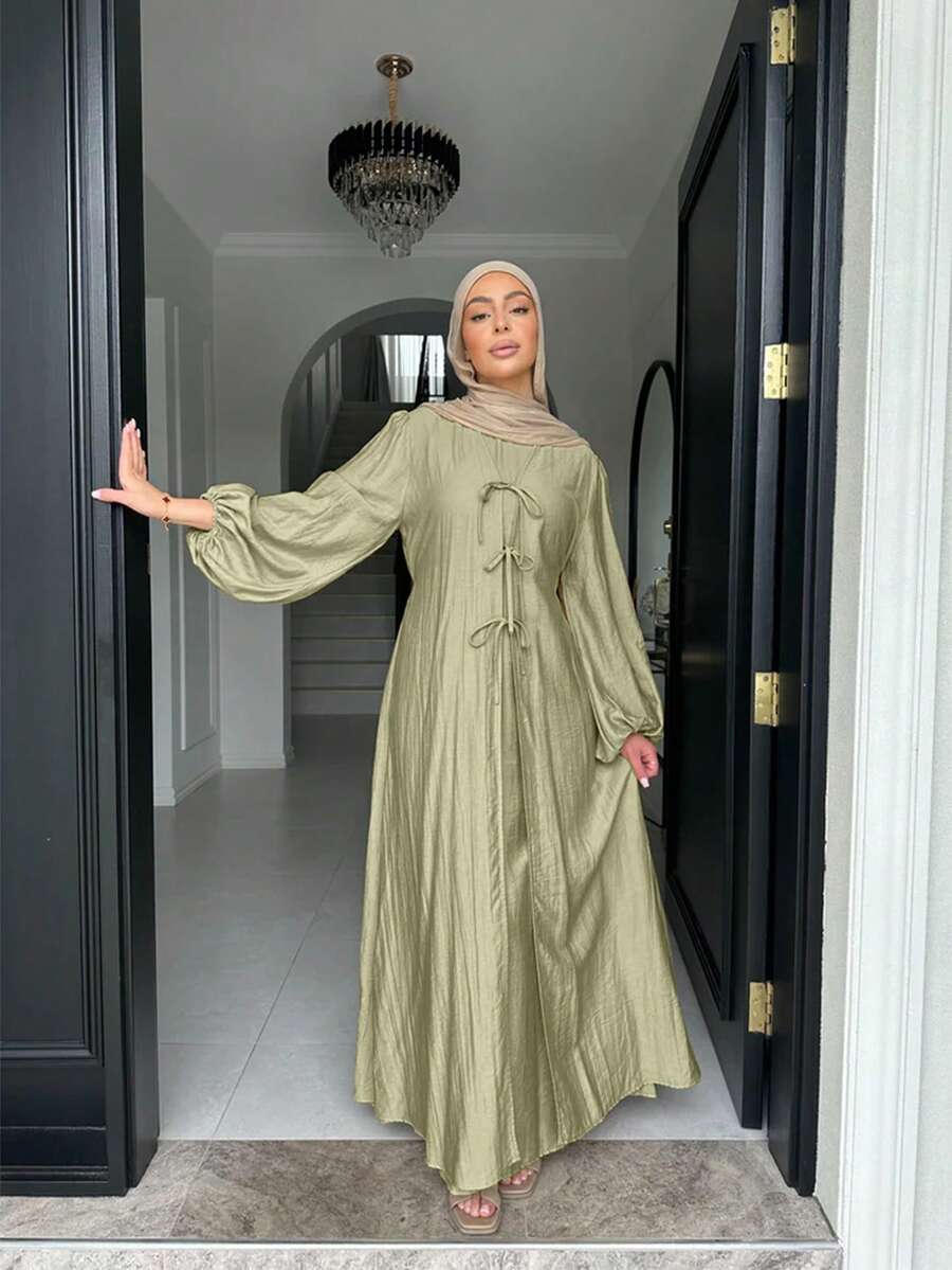女式前蝴蝶结阿拉伯风格连衣裙，端庄 - 薄荷綠 - 查看 1