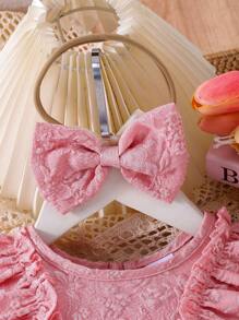 2pcs Baby Girl Sweet Bowknot Floral Trim Sleeveless Pink Jacquard Dress With Hair Scrunchie, Summer
